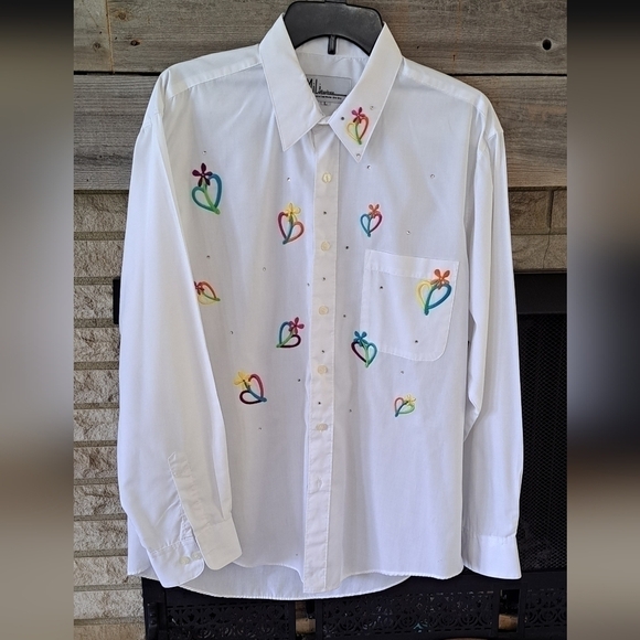Mili Designs Women's Large White Long Sleeve Button Up Shirt Embroidered Floral - Picture 1 of 16